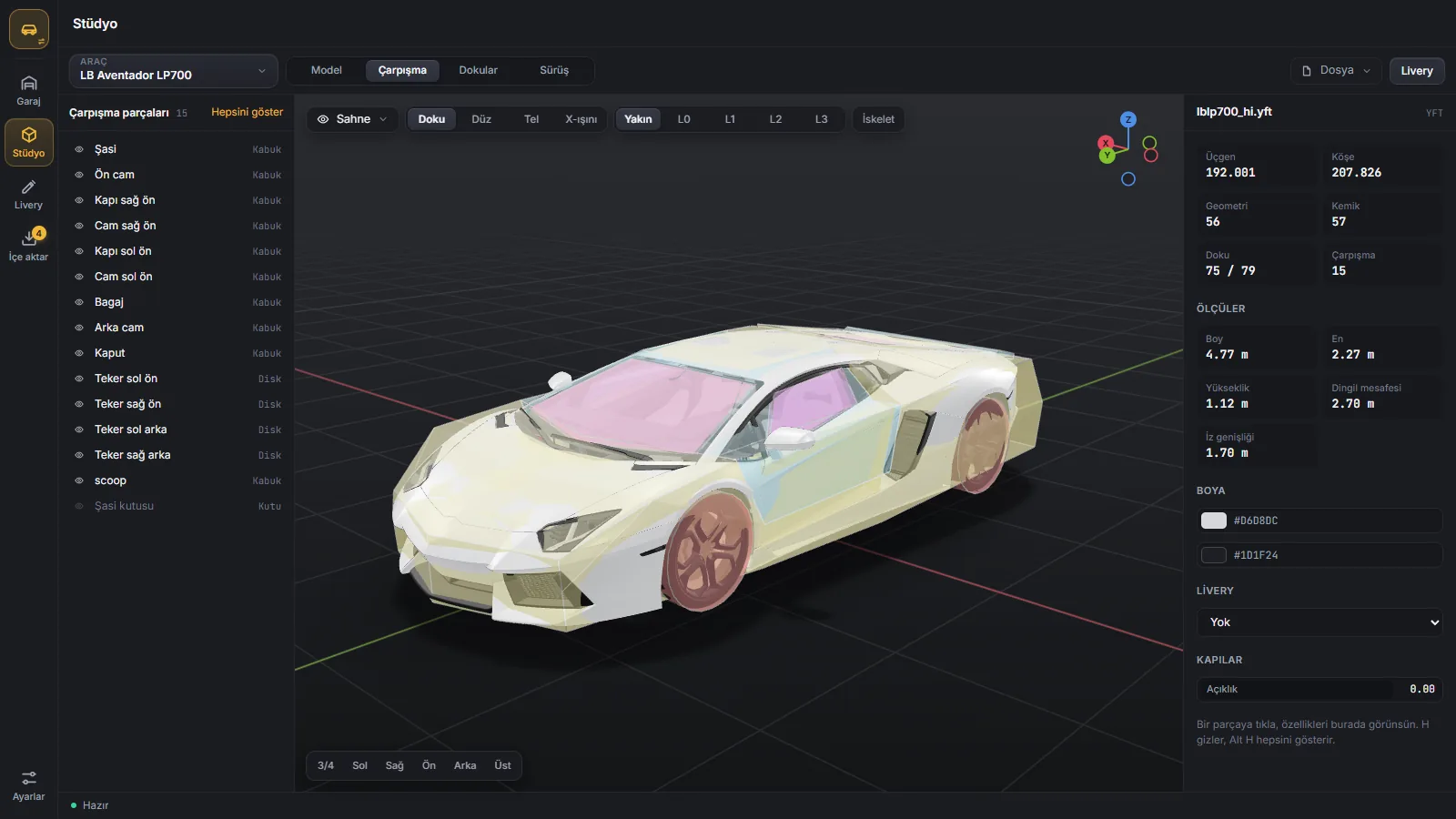 Collision view: the car's collision pieces, wheel discs and body hull
