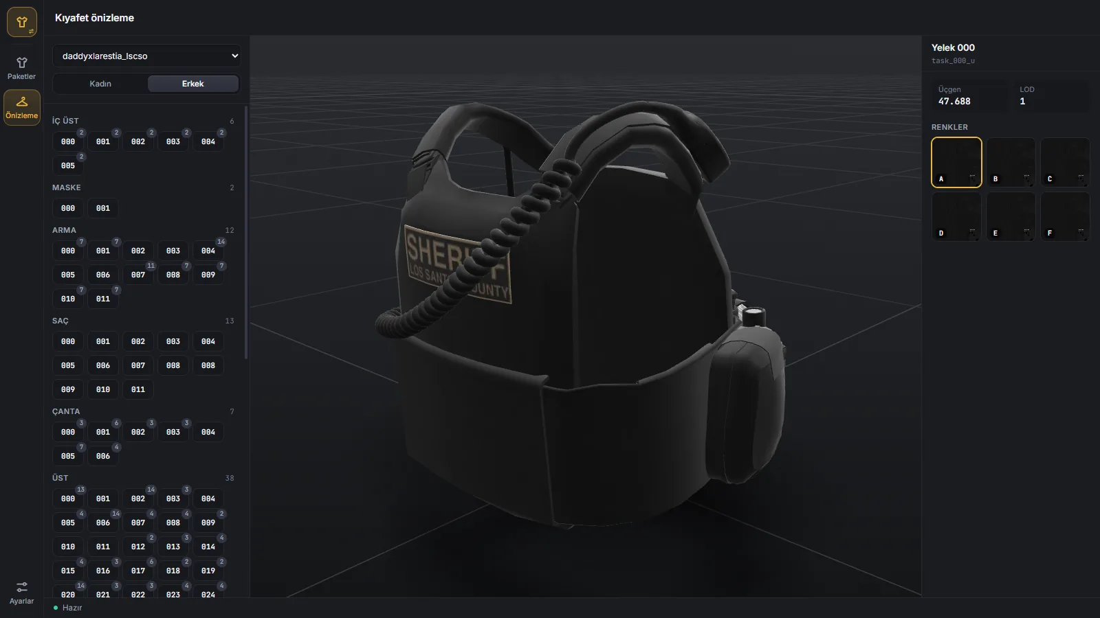 Clothing preview: the pack's garments on the left, the picked vest in 3D, its colour variants on the right