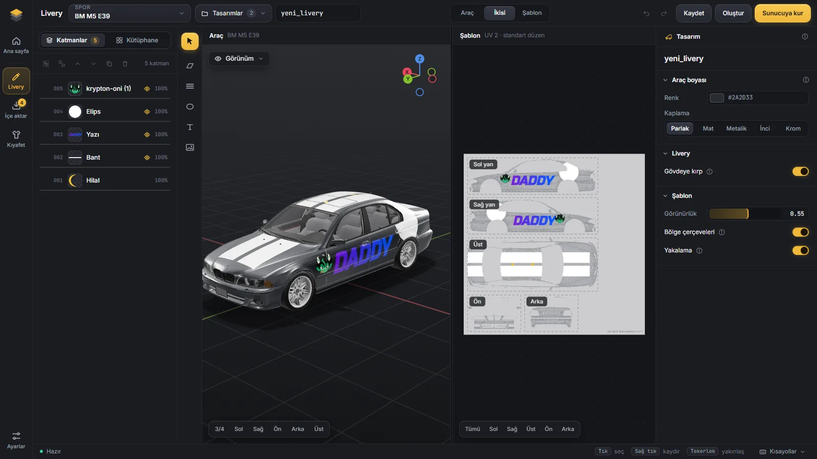 K3D Tool livery editörü: solda katmanlar, ortada 3D araç ve şablon, sağda özellikler