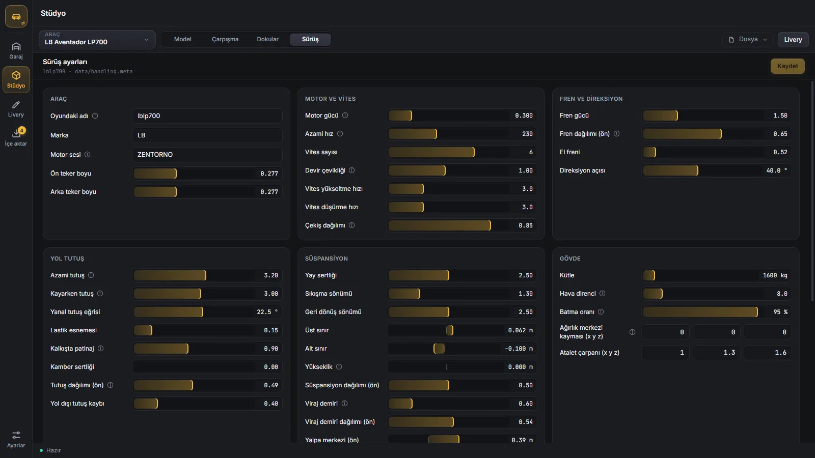 Handling: engine, brakes, grip and suspension values on sliders