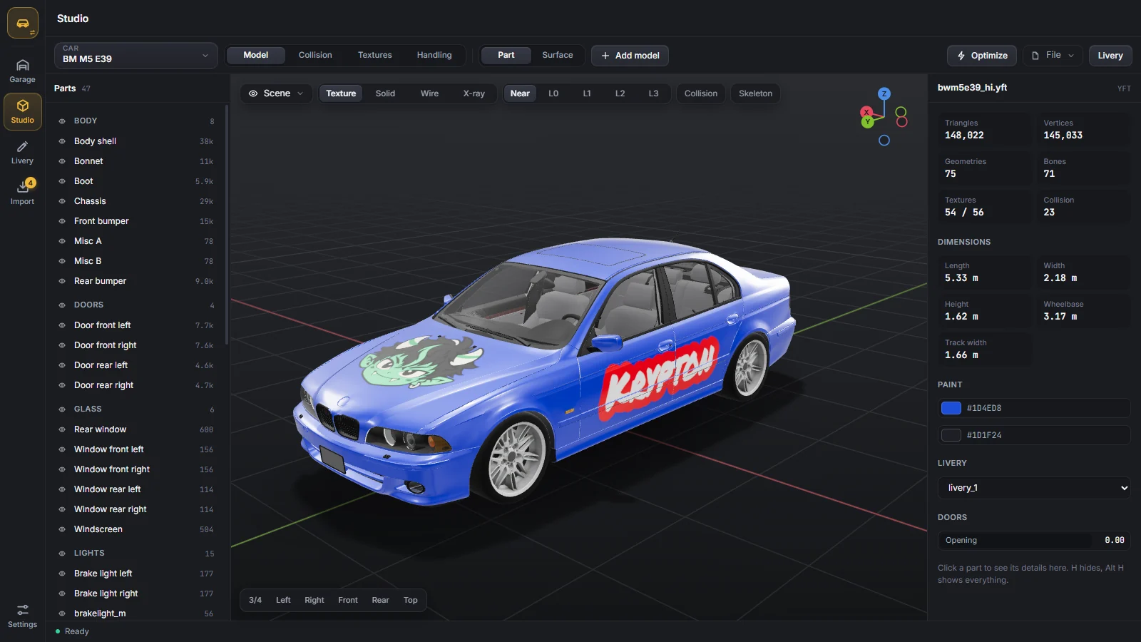 Vehicle studio: part tree, the 3D car, measurements and paint